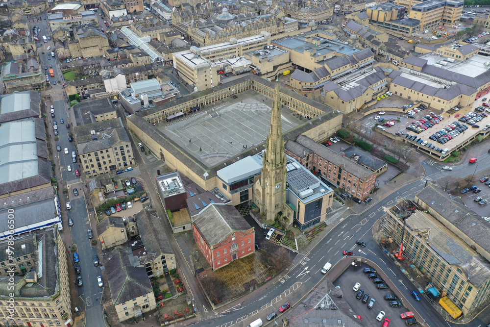 Aerial photo of the famous Piece Hall in the Blackledge area of Halifax in Calderdale in West Yorkshire, England, showing the historic stone build building in the town centre. Aerial photo of the famous Piece Hall in the Blackledge area of Halifax in Calderdale in West Yorkshire, England, showing the historic stone build building in the town centre.