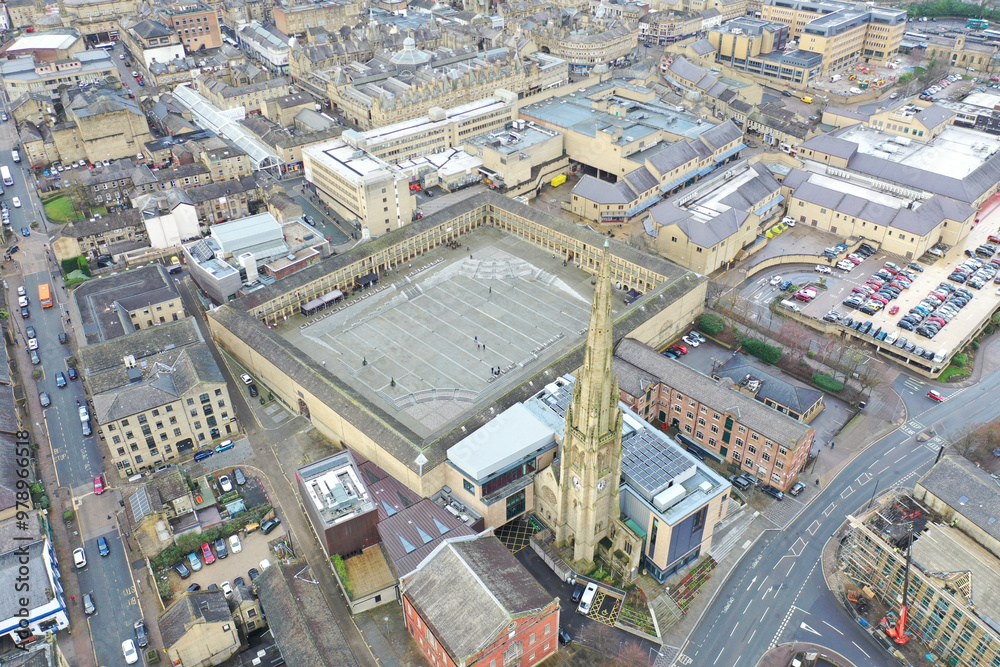 Fototapeta premium Aerial photo of the famous Piece Hall in the Blackledge area of Halifax in Calderdale in West Yorkshire, England, showing the historic stone build building in the town centre.