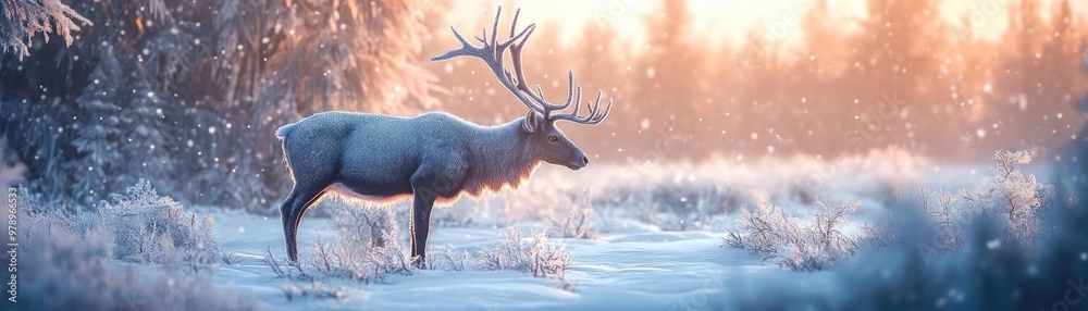 A majestic deer standing in a serene winter landscape, surrounded by snow and soft light from a sunrise or sunset. A majestic deer standing in a serene winter landscape, surrounded by snow and soft light from a sunrise or sunset.