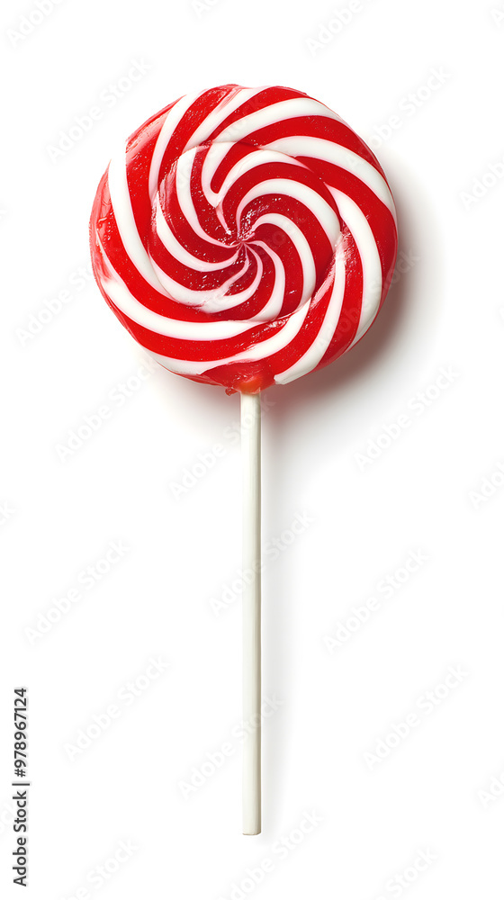 A vibrant red and white twisted lollipop isolated on white background A vibrant red and white twisted lollipop isolated on white background