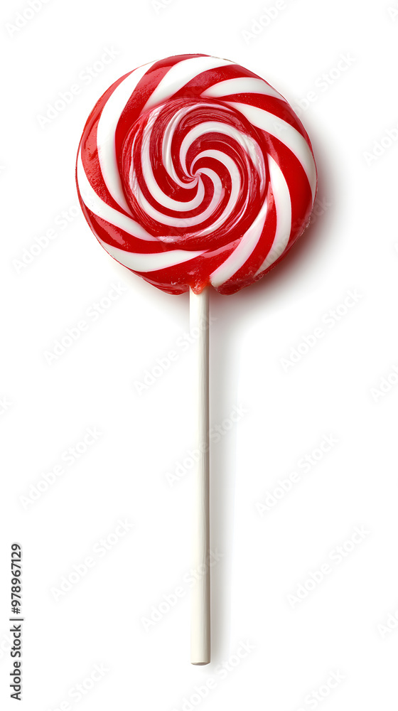 A vibrant red and white twisted lollipop isolated on white background A vibrant red and white twisted lollipop isolated on white background