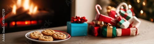 A Christmas morning scene by the fireplace, with a plate of halfeaten cookies, colorful gift boxes, and a stocking overflowing with treats photo