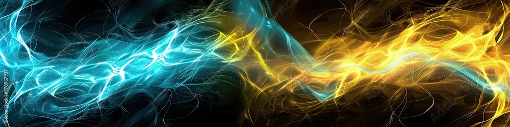 An artistic neon abstract background featuring fluid glowing lines in shades of electric blue and yellow, creating a lively and futuristic design.