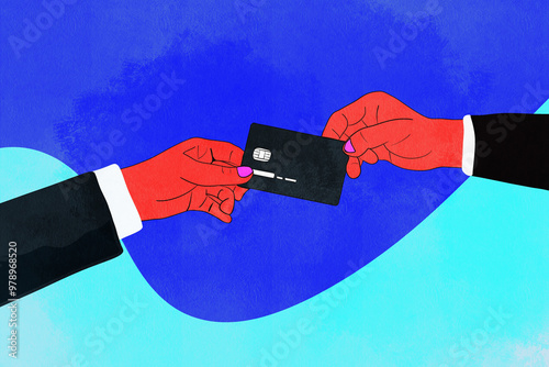 Handing over a credit card in a colorful illustration