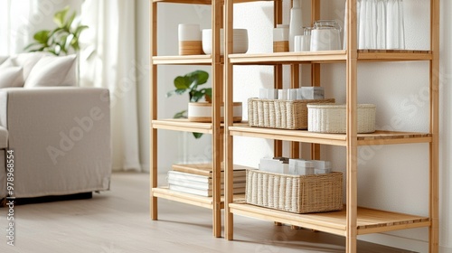 A modular bamboo shelving unit with a natural finish showcases clean lines and neutral tones