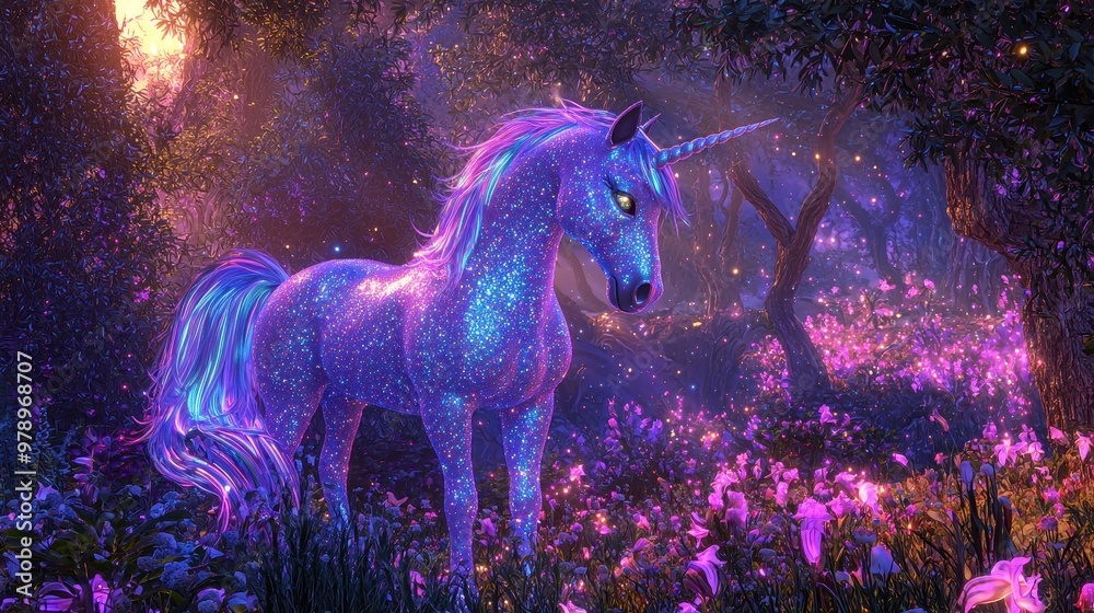 Magical Unicorn in Enchanted Forest with Glowing Flowers Magical Unicorn in Enchanted Forest with Glowing Flowers