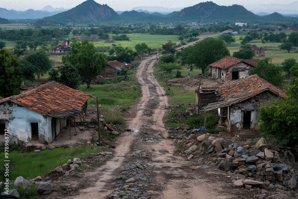 Obraz premium A scenic rural village with a dirt road flanked by traditional houses and lush greenery set against a backdrop of distant hills under a cloudy sky.