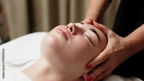Wallpaper Mural  Close-up of a masseur's hands performing a relaxing facial massage on a young woman in a beauty salon. This scene highlights professional care and the soothing benefits of a spa treatment. Torontodigital.ca