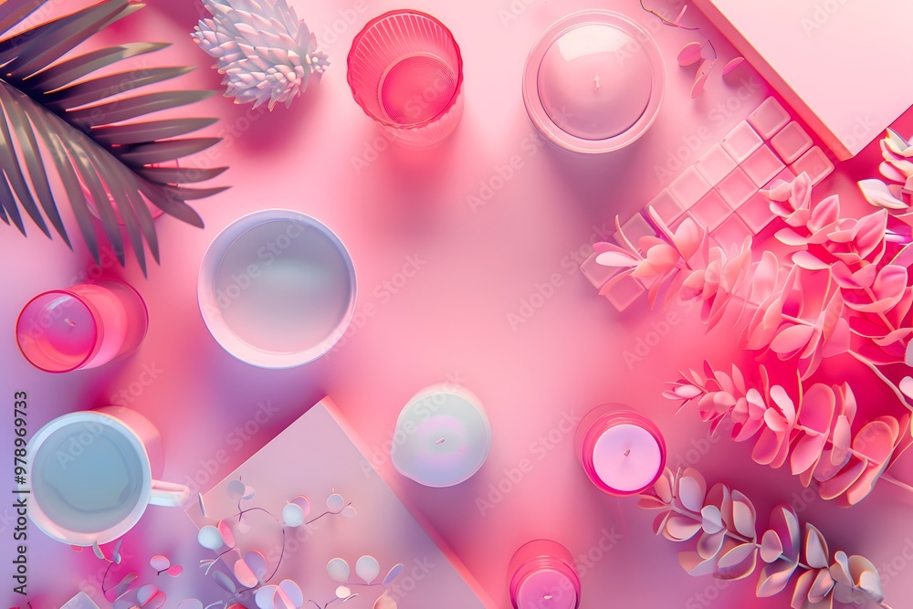 A serene arrangement of candles, plants, and decorative items in soft pink hues. A serene arrangement of candles, plants, and decorative items in soft pink hues.