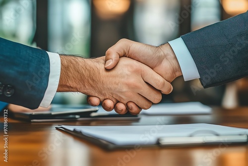 Two businesspeople exchanging documents in a formal negotiation setting, contract signing, finalizing an agreement