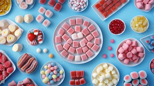 A wide assortment of candies and sweets, including strawberry marshmallows, liquorice allsorts, and jelly sugar gums, are arranged on a blue table. upper view 