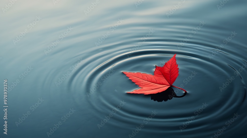 Fototapeta premium A red leaf floating on the water, with ripples spreading out from its center