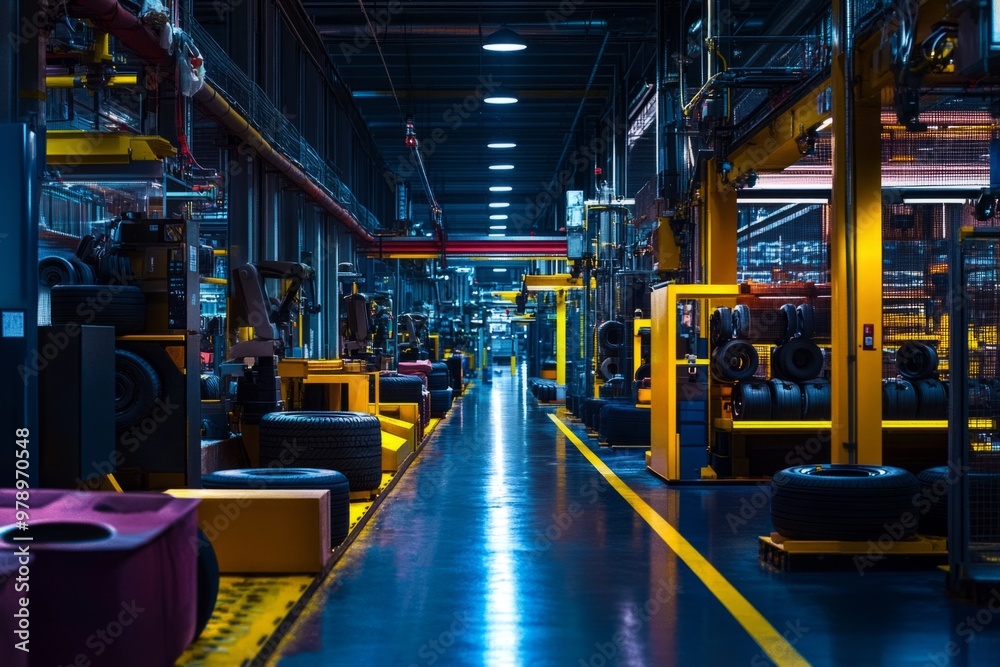 A vibrant industrial interior showcases modern machinery and assembly lines. Shadows and light play across the space. Ideal for technology and industry themes. Generative AI A vibrant industrial interior showcases modern machinery and assembly lines. Shadows and light play across the space. Ideal for technology and industry themes. Generative AI