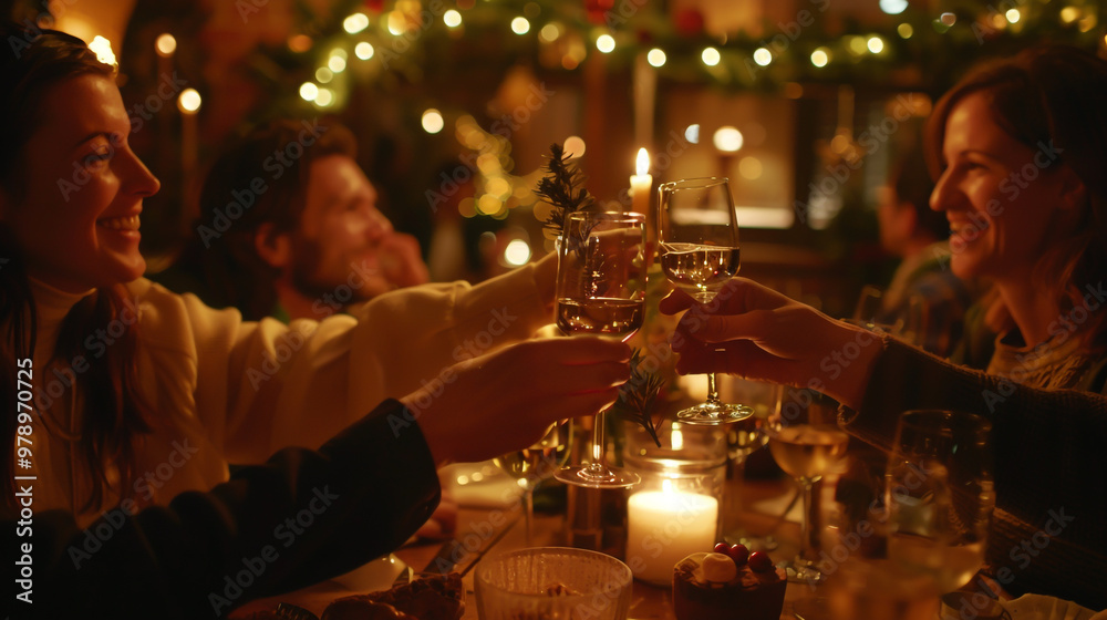 Happy friends celebrating New Year's Eve dinner in a restaurant
