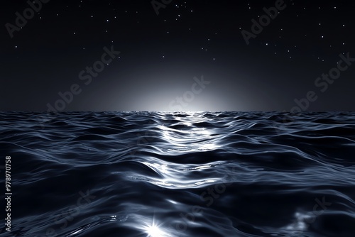 Craft an aerial perspective of a starlit ocean, shimmering with a captivating luminous glow Showcase the waters reflective surface under a night sky, focusing on the interplay of light and shadow photo