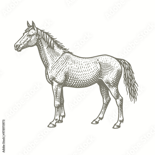 engraving of a horse standing in a drawing style