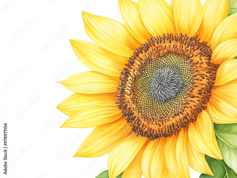 Fototapeta premium Illustrate a close-up of a majestic sunflower towering over a field, with intricate details of the delicate petals and vibrant hues, in a realistic watercolor technique