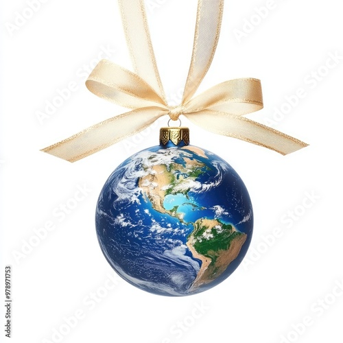 Fototapeta Naklejka Na Ścianę i Meble -  Christmas tree ball in the form of planet Earth, globe, isolated on a white background, New Year and Christmas, Peace