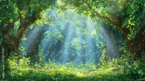 Magical Forest with Sunlight and Blooming Flowers