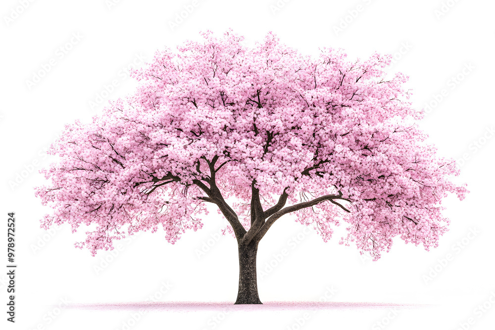 Obraz premium Sakura tree with pink blossoms stands alone against a white background