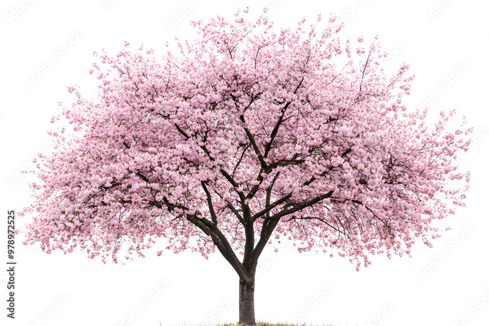 Obraz premium Sakura tree with pink blossoms stands alone against a white background