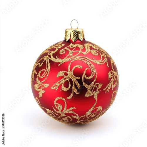 Beautiful red Christmas ball with beautiful patterns isolated on white background, New Year and Christmas