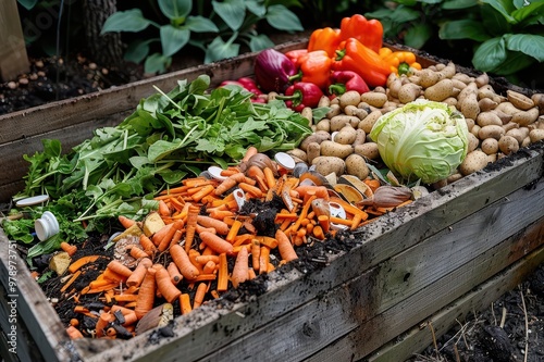 A compost heap with recognizable food items, indicating the potential for waste reduction photo