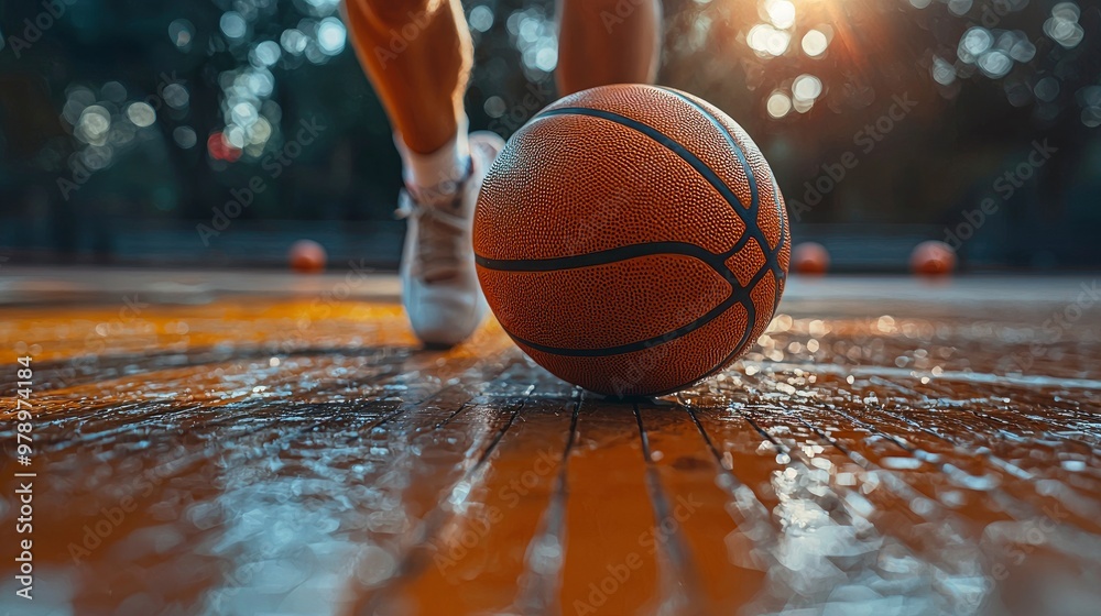 Close Up of Basketball on Wet Court with Player in the Background Close Up of Basketball on Wet Court with Player in the Background