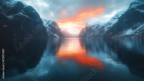 Breathtaking fjord landscape with snow-capped mountains and vibrant sunset reflections captivates viewers, perfect for travel agency promotions, nature documentaries, and inspiring wall art prints