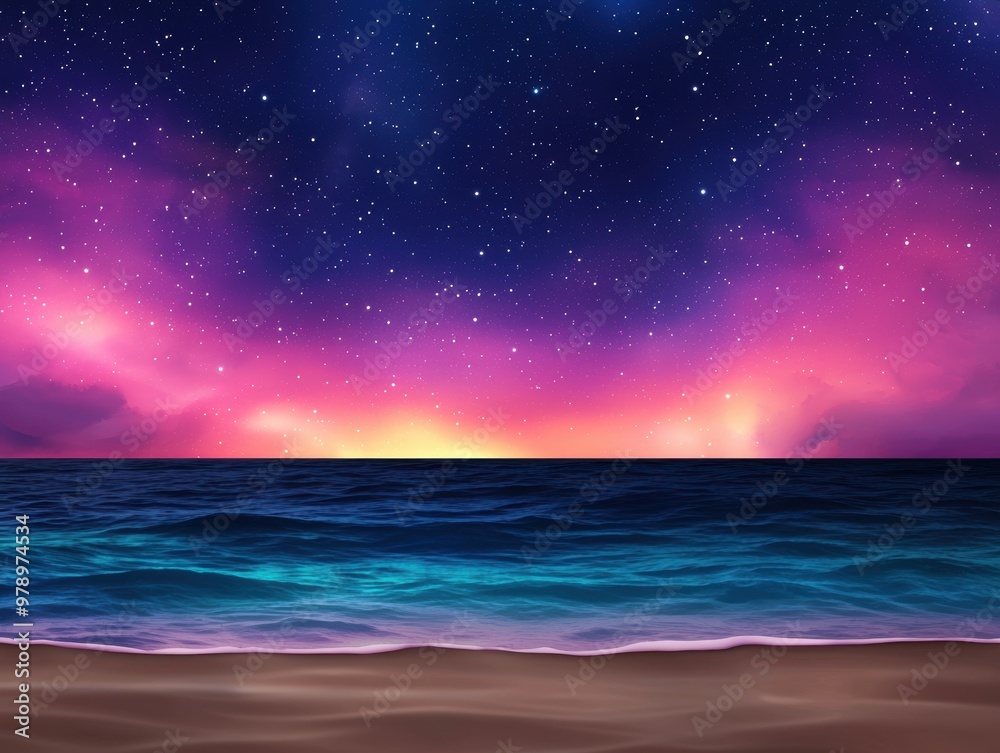 Serene Starry Night Over Calm Ocean Waves Lapping Peaceful Beach Serene Starry Night Over Calm Ocean Waves Lapping Peaceful Beach