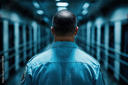 A prison officer stands in a dimly lit corridor, facing away from the camera, representing authority, vigilance, and the contemplative nature of his profession.