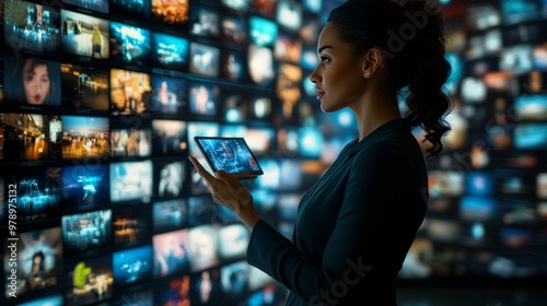 Woman Explores a Wall of Digital Content - Streaming, TV, Video Technology, Multimedia Background photo