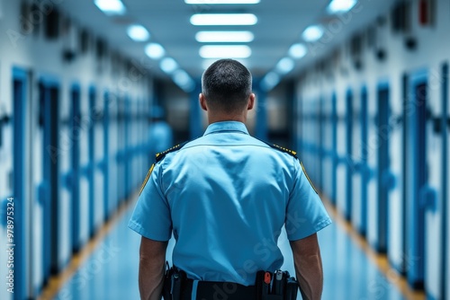 An officer walking through a prison corridor illuminated by harsh fluorescent lights, the image highlights the stark and controlled environment of the correctional facility.