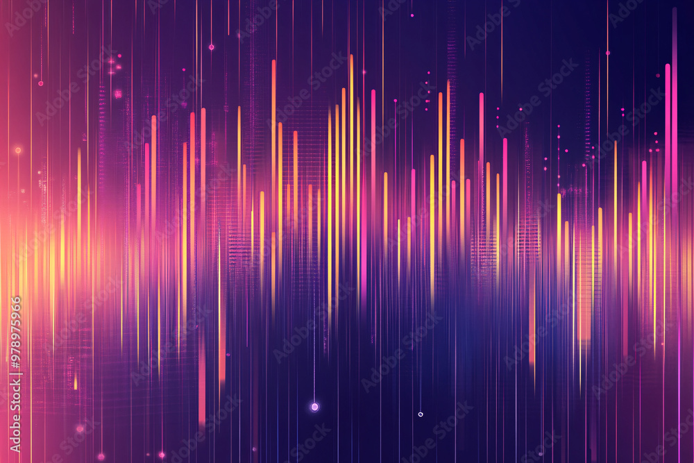 Vibrant abstract sound wave visualization in purple pink and orange hues with vertical light lines on a dark background