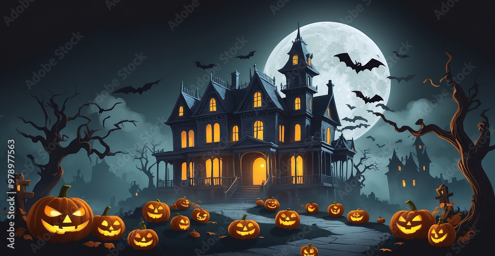 A haunted house on Halloween night, surrounded by pumpkins, bats, and eerie trees under a glowing full moon. A haunted house on Halloween night, surrounded by pumpkins, bats, and eerie trees under a glowing full moon.