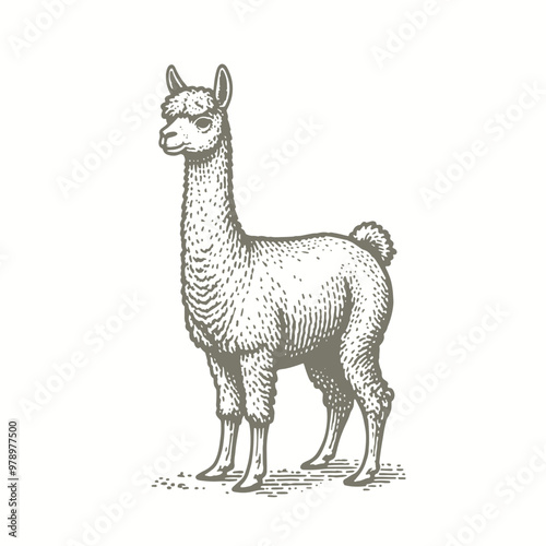engraving of a llama standing in front of a white background