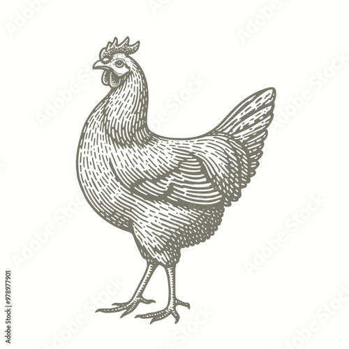 engraving of a drawing of a chicken on a white background