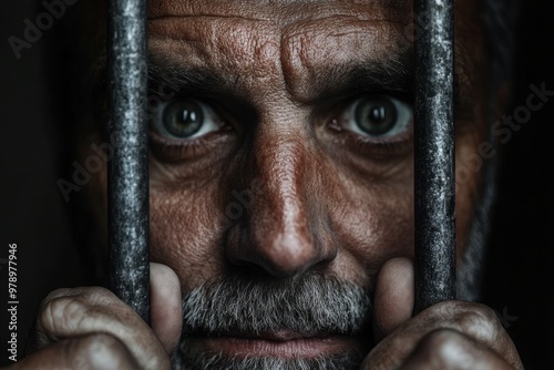 Close-up of a distressed prisoner with close-cropped hair, pressing his head against his hands, embodying the emotions of despair and confinement within a prison cell.