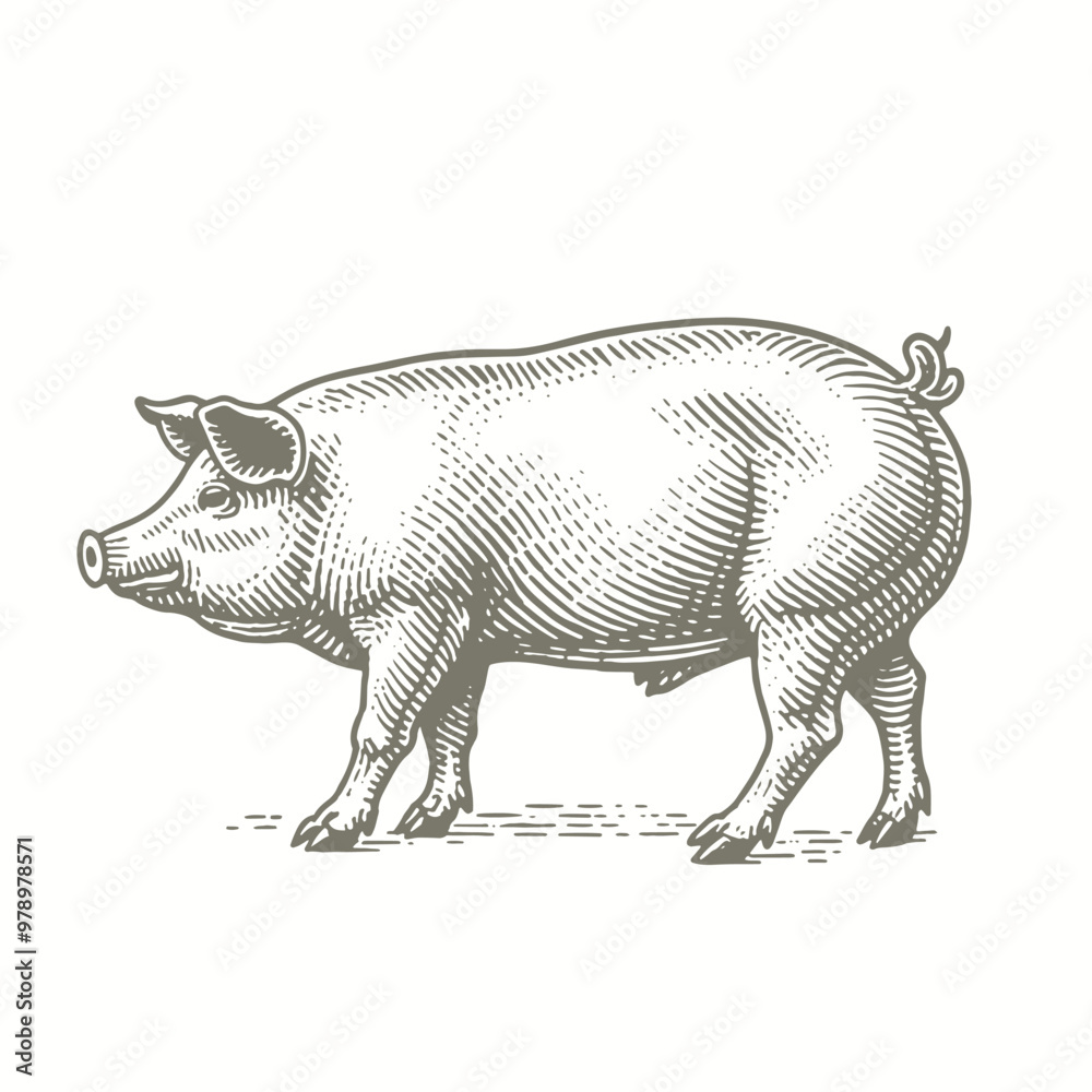 Fototapeta premium engraving of a pig is standing in a drawing style