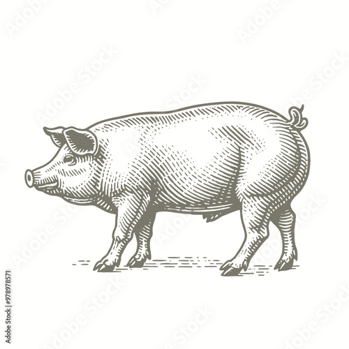 engraving of a pig is standing in a drawing style