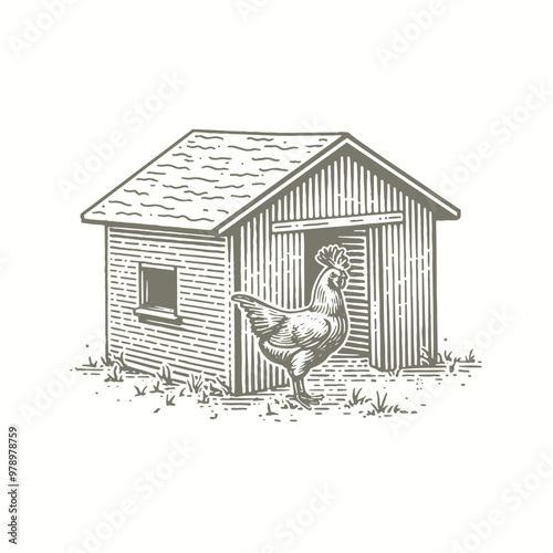 engraving of a hen standing in front of a chicken coop