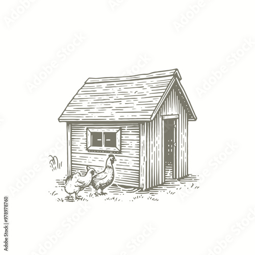 engraving of a drawing of a chicken house with two chickens