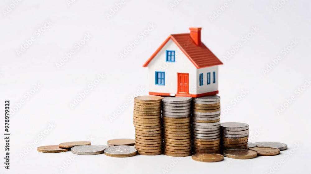 Miniature house on a stack of coins, representing savings for homeownership. Miniature house on a stack of coins, representing savings for homeownership.
