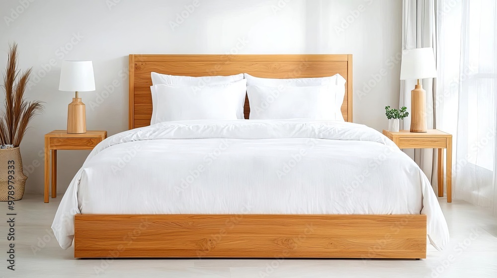Teak wood bed frame in a modern bedroom