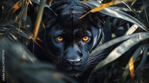 Black panther with piercing golden eyes hidden in foliage, Stealthy black panther stalking through jungle plants, Intense gaze of a black panther camouflaged in the wild