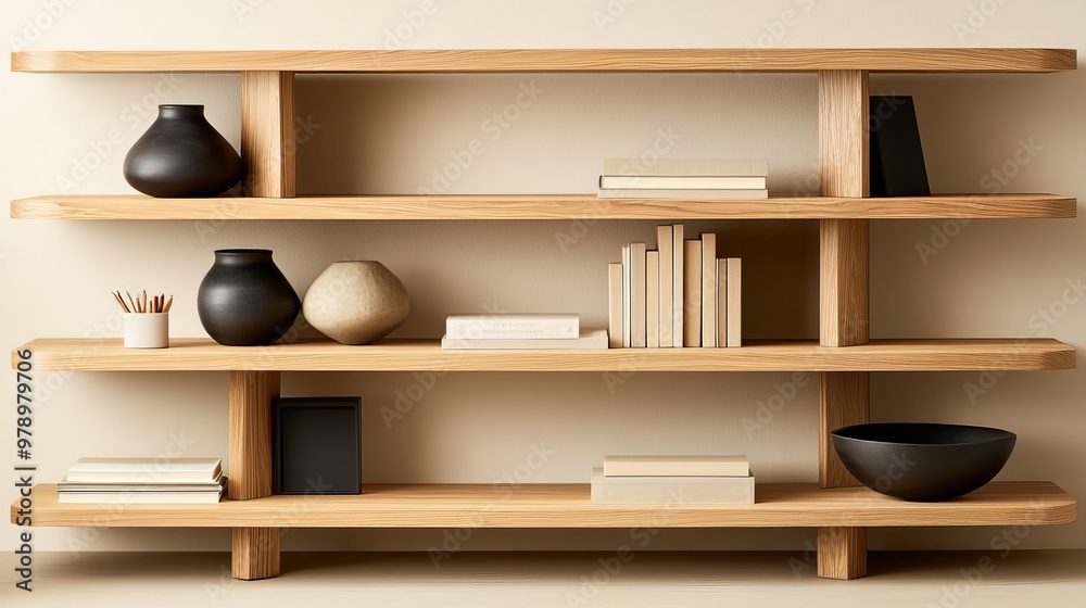 Handcrafted teak wood bookshelf in a home office, organized space, books and decorative items placed neatly, neutral walls, subtle lighting, clean and structured composition