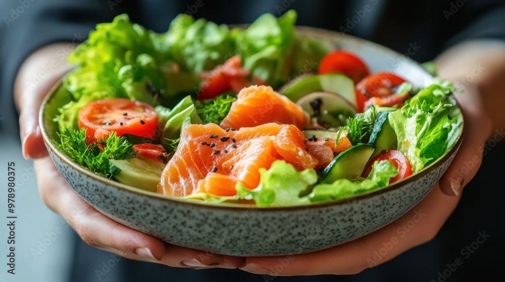 Healthy Young woman holding Salted salmon salad bowl with fresh green lettuce,smoked salmon,tomato,Ketogenic,diet lunch bowl,enjoy eat clean vegetables after exercise,Healthy food concept. Healthy Young woman holding Salted salmon salad bowl with fresh green lettuce,smoked salmon,tomato,Ketogenic,diet lunch bowl,enjoy eat clean vegetables after exercise,Healthy food concept.
