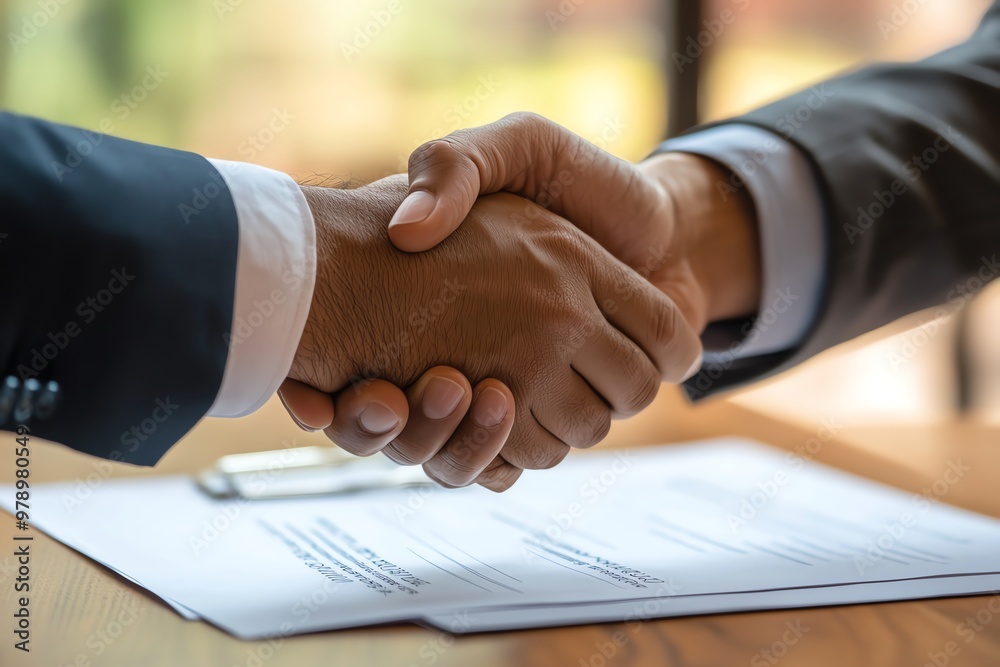 Two businesspeople in a handshake, with contract documents spread on the table, partnership, mutual agreement Two businesspeople in a handshake, with contract documents spread on the table, partnership, mutual agreement