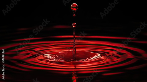 A vibrant red drop splashes into a calm surface, creating ripples against a dark backdrop, symbolizing energy and passion. photo