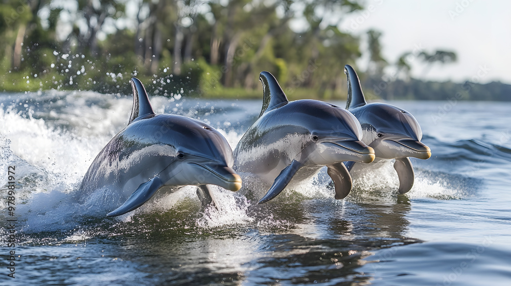 Fototapeta premium A pod of playful dolphins leaps joyfully through the crystal-clear, azure sea, their sleek bodies glistening in the sunlight